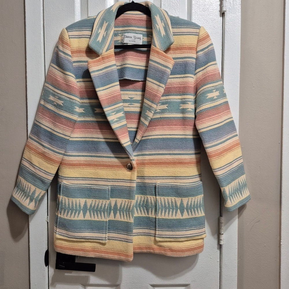 Vtg Sharon Young Southwestern Stripe Blazer Jacket Women's Medium Cotton USA